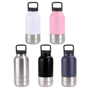 3-in-1 Insulated Dogs Travel Bottles Stainless Steel Pet Drinking Cup 32oz with 2 Detachable Bowls for Walking Travel Camping